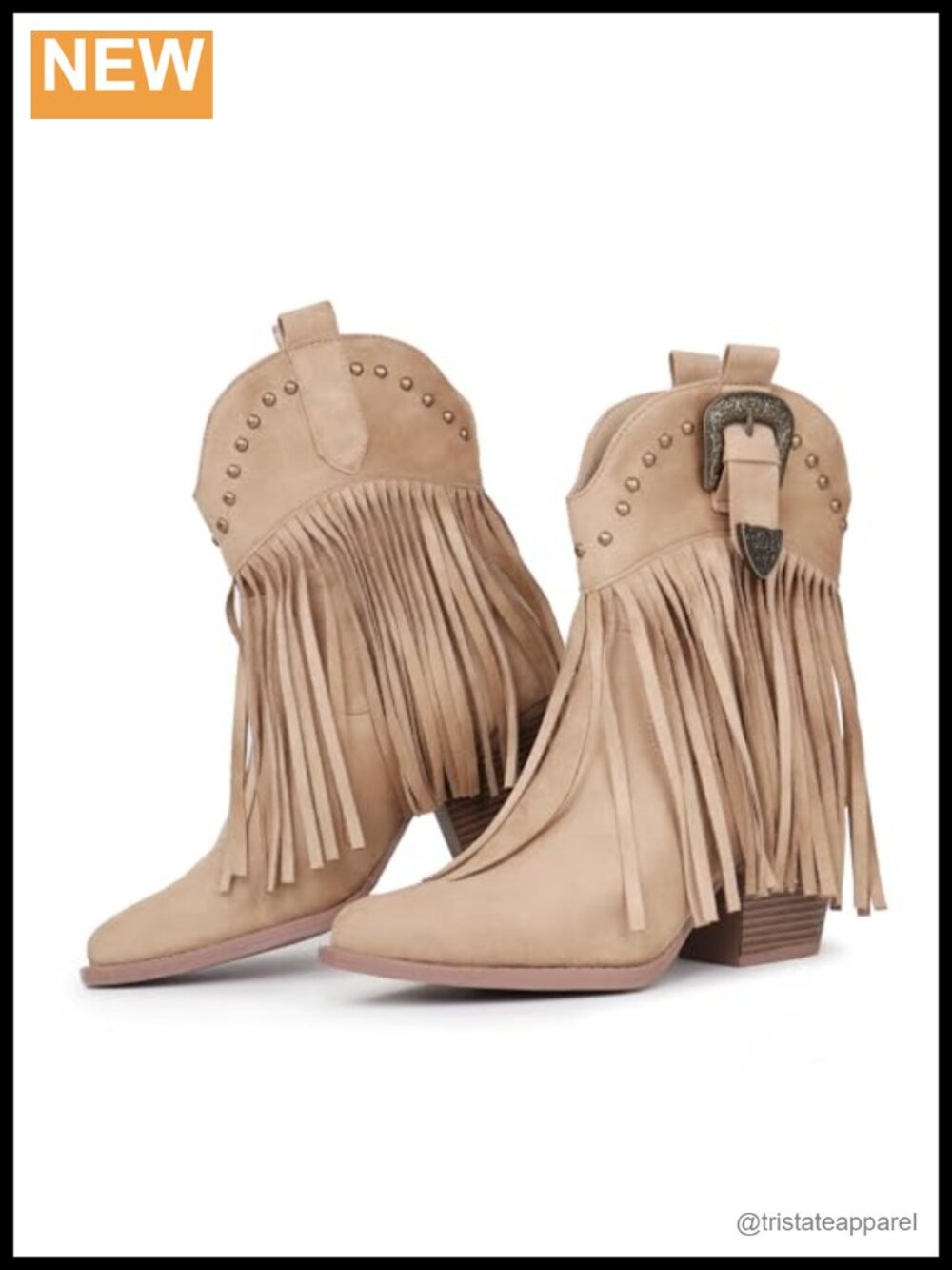 Women's Suede Fringe Western Ankle Booties Snip Toe Studded Pull On Block Heel